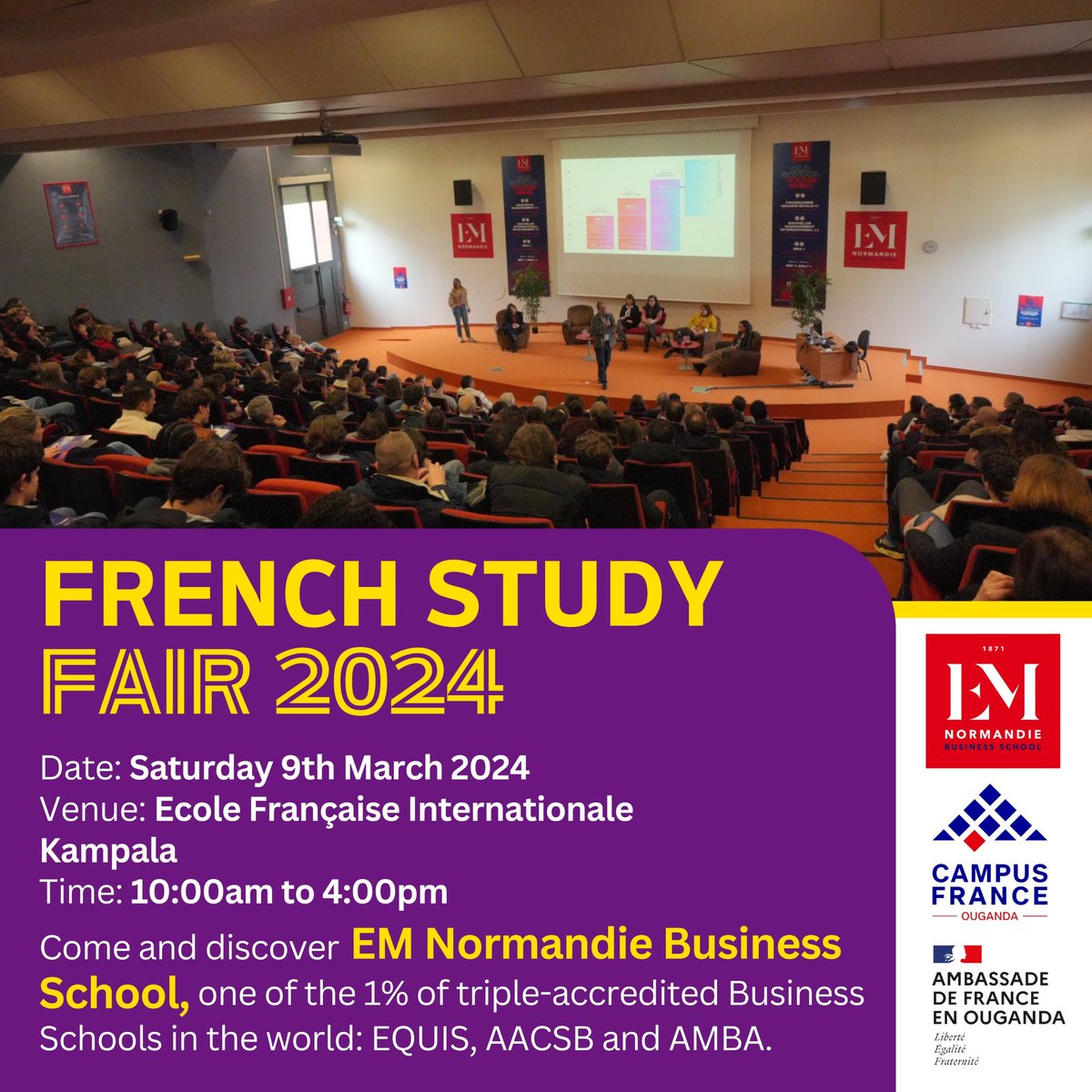 Because Business runs the world ! We also have @EMNormandie with us today, if Business Studies are your interest. Pass by @lfkampala to speak to a represententive and fulfil your dream of studying in France. #RendezvousenFrance 🇫🇷