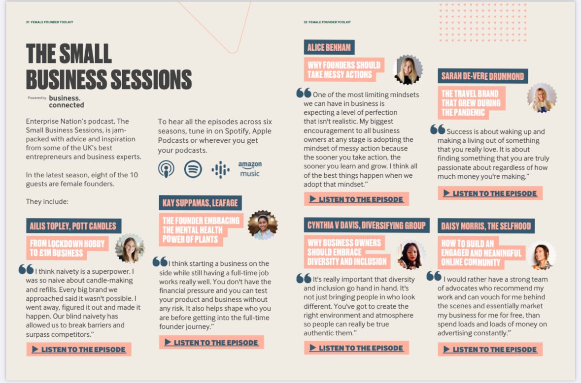 I love this page in the @e_nation Female Founder Toolkit about the Small Business Sessions #podcast that I host: buff.ly/48MYNCG Continue the #IWD inspiration with episodes featuring female founders: buff.ly/3wHvlM0 #SaturdayMotivation #InternationalWomensDay