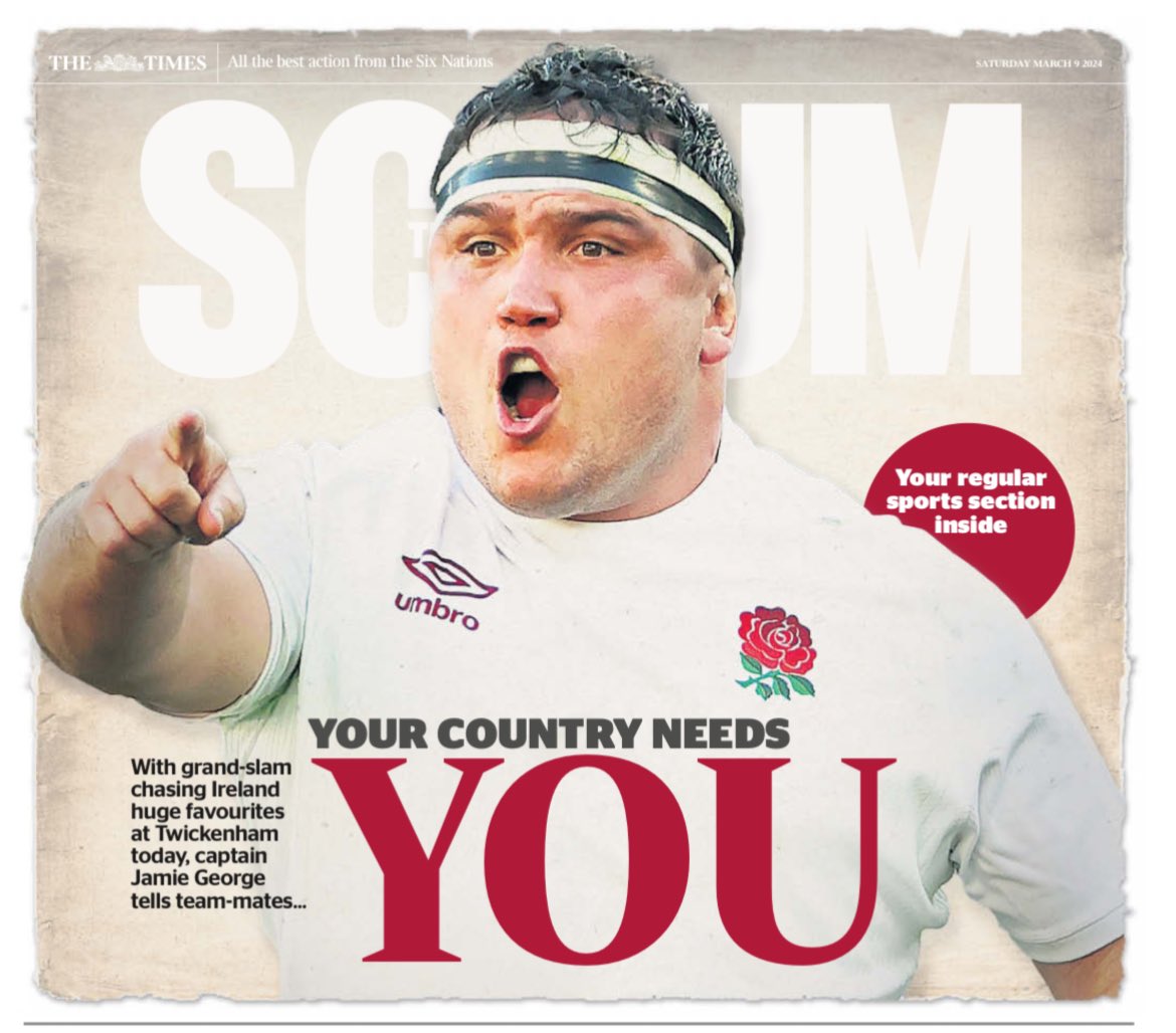 Jamie George’s “This is Twickenham. This is our home” rallying cry on our Scrum week 4️⃣ @TimesSport cover 🏴󠁧󠁢󠁥󠁮󠁧󠁿☘️ @AlexMLowe @petersuntimes @samwarburton_ @MarkPalmerST @johnwesterby @owenslot 🇮🇹 🏴󠁧󠁢󠁳󠁣󠁴󠁿 @johnbarc86 🏴󠁧󠁢󠁷󠁬󠁳󠁿 🇫🇷 @sjamesjourno @ElganTimes 👇🏼 #buyapaper #SixNations