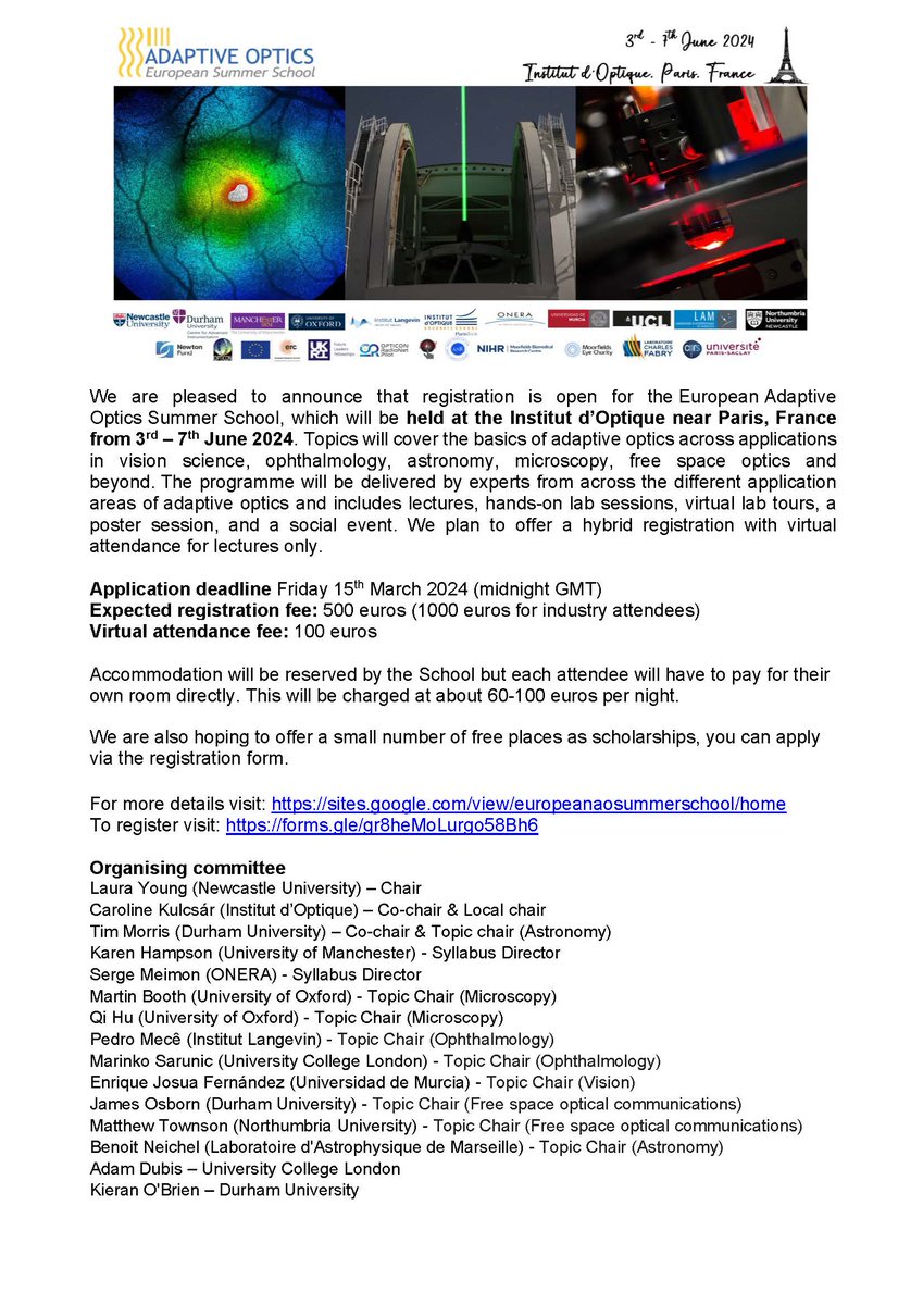 Os anunciamos la escuela de verano ADAPTIVE OPTICS EUROPEAN SUMMER SCHOOL.
3-7 JUNIO 2024 - INSTITUT D'OPTIQUE PARIS (FRANCIA)
Animaos a participar