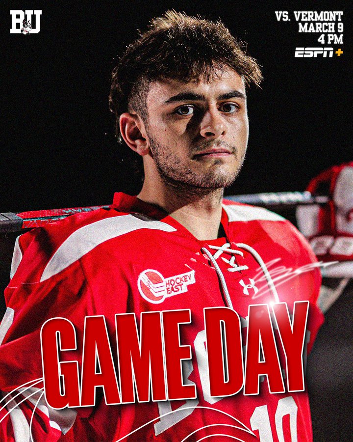 Game day graphic featuring posed photo of Nick Zabaneh. BU vs. Vermont, March 9, 4 PM on ESPN+