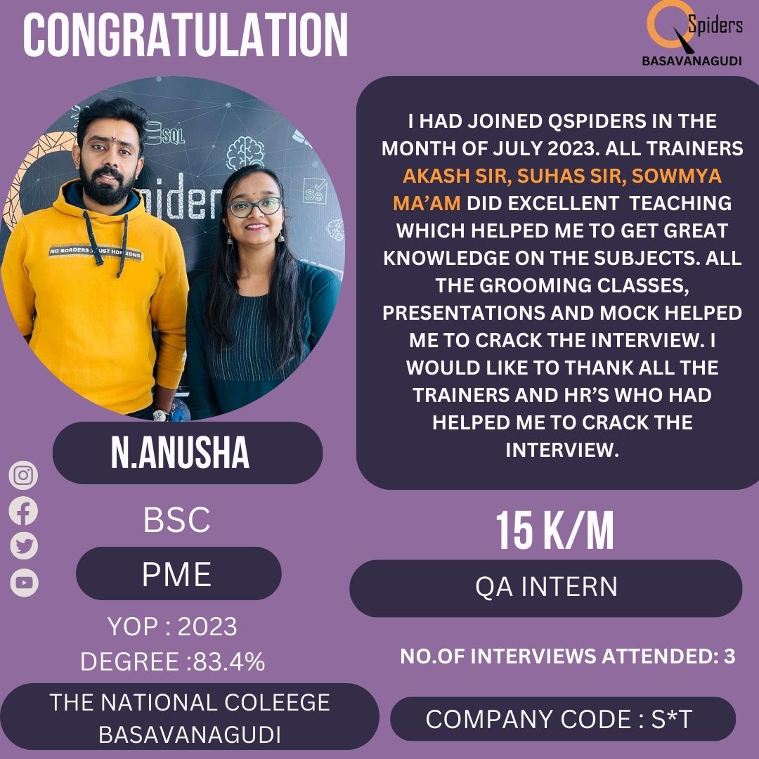 Congratulations to N.ANUSHA on her successful placement! 🎉👏

Your hard work and dedication have paid off, and this achievement is well-deserved.

 #QSpidersSuccess #InternshipJourney #BrighterFuture #QSpidersBasavanagudi #EducationEmpowers #CareerDevelopment #Congratulations