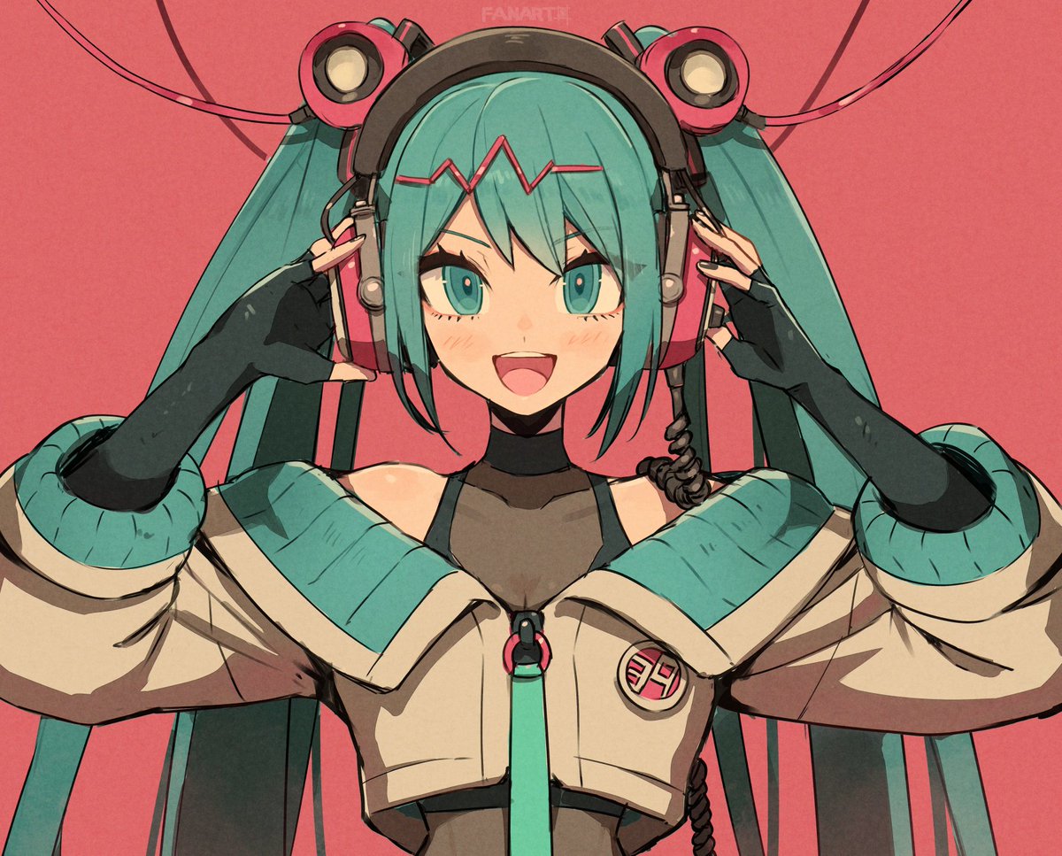 hatsune miku 1girl solo gloves twintails long hair headphones black gloves  illustration images