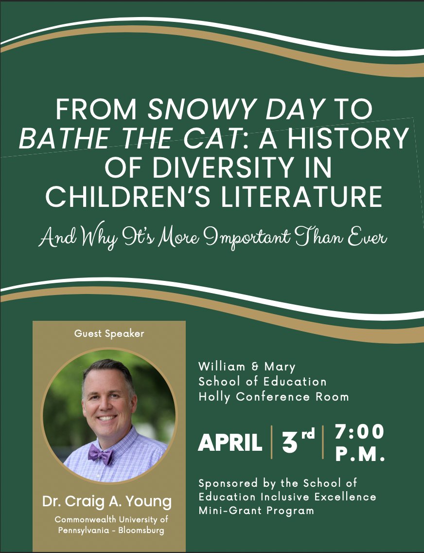 Come join us for this event at William & Mary in a few weeks! The importance of representation in children's literature can't be understated and @wv4hkid is a knowledgeable & funny presenter. DM me if you have questions! April 3 | 7pm | W&M School of Education