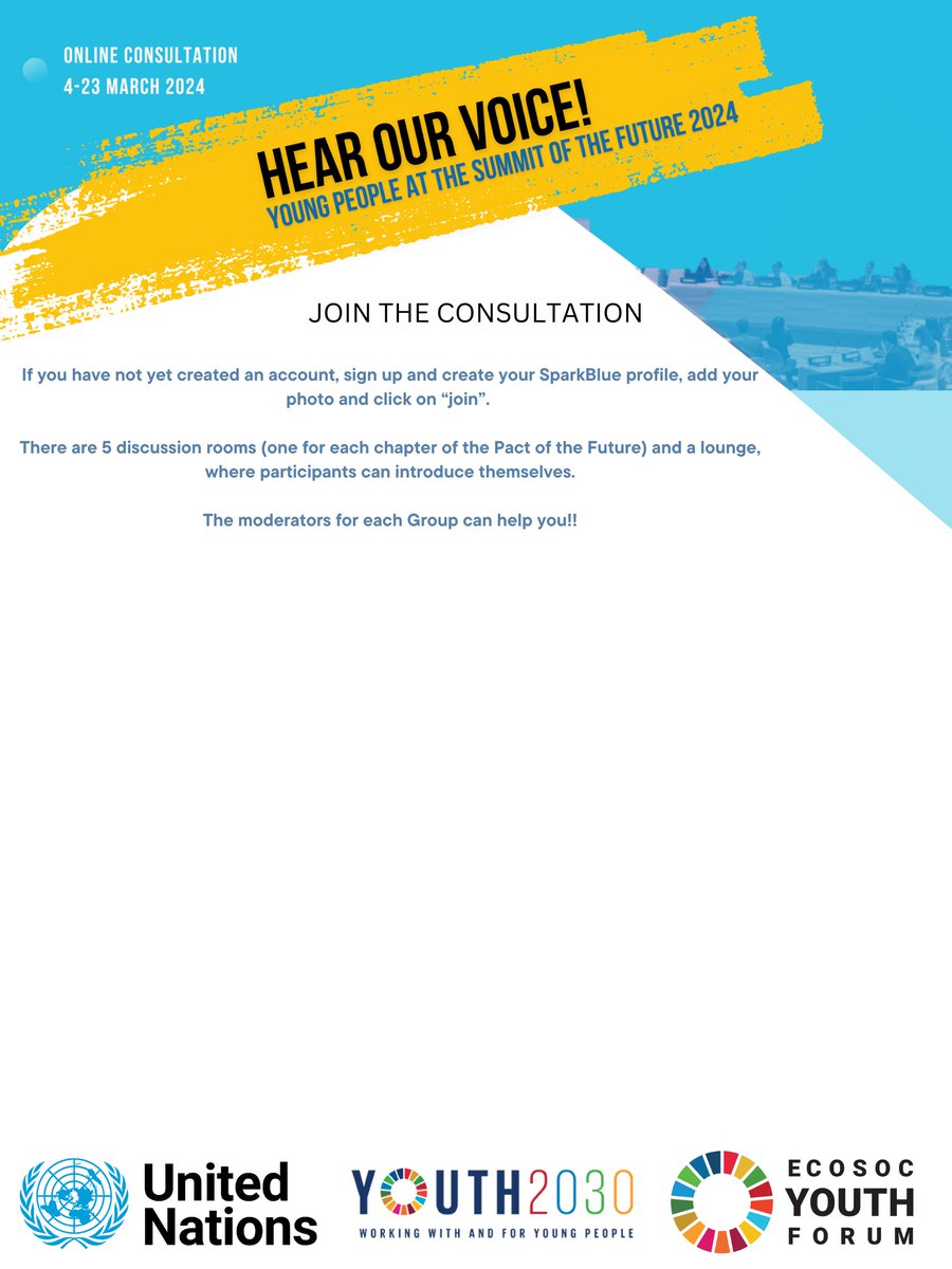 💡 Our Ideas and Action as Youths Are Critical! #GlobalGoals! Let’s share insights to help shape the discussions at the @UNECOSOC #Youth2030 Forum leading up to the Summit of the Future by joining the 3-week online consultation from 4-22 Mar 🙌 sparkblue.org/hear-our-voice