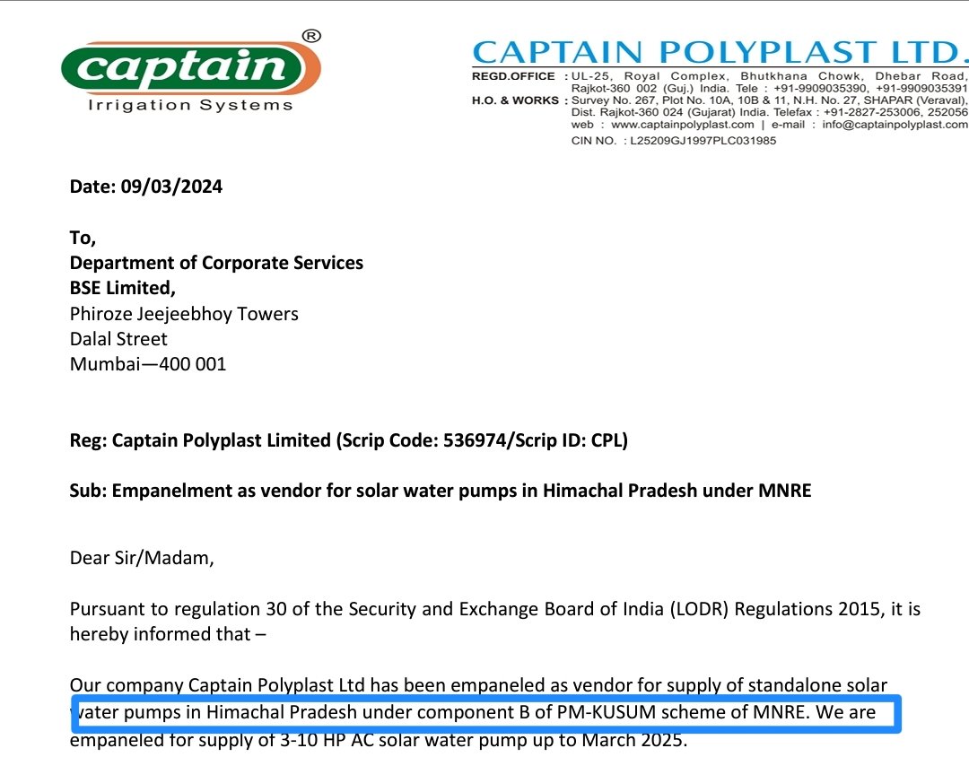 nomad_on_run's tweet photo. Empanaled under KUSUM Scheme for Solar water pump 🎉🎉🔥
#CAPTAINPOLY
#CAPTAINPOLYPLAST https://t.co/YlnimKCMng