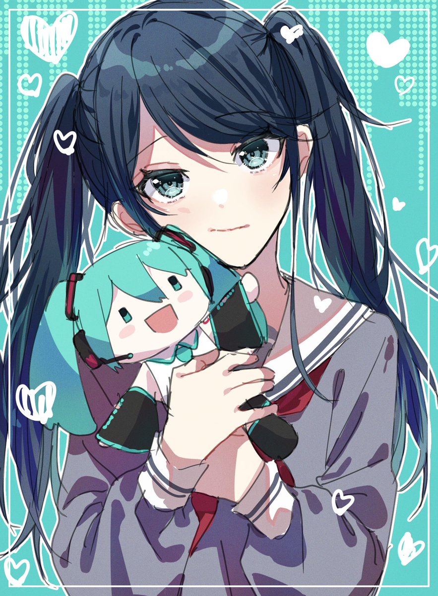 hatsune miku twintails 1girl character doll heart grey shirt long hair solo  illustration images