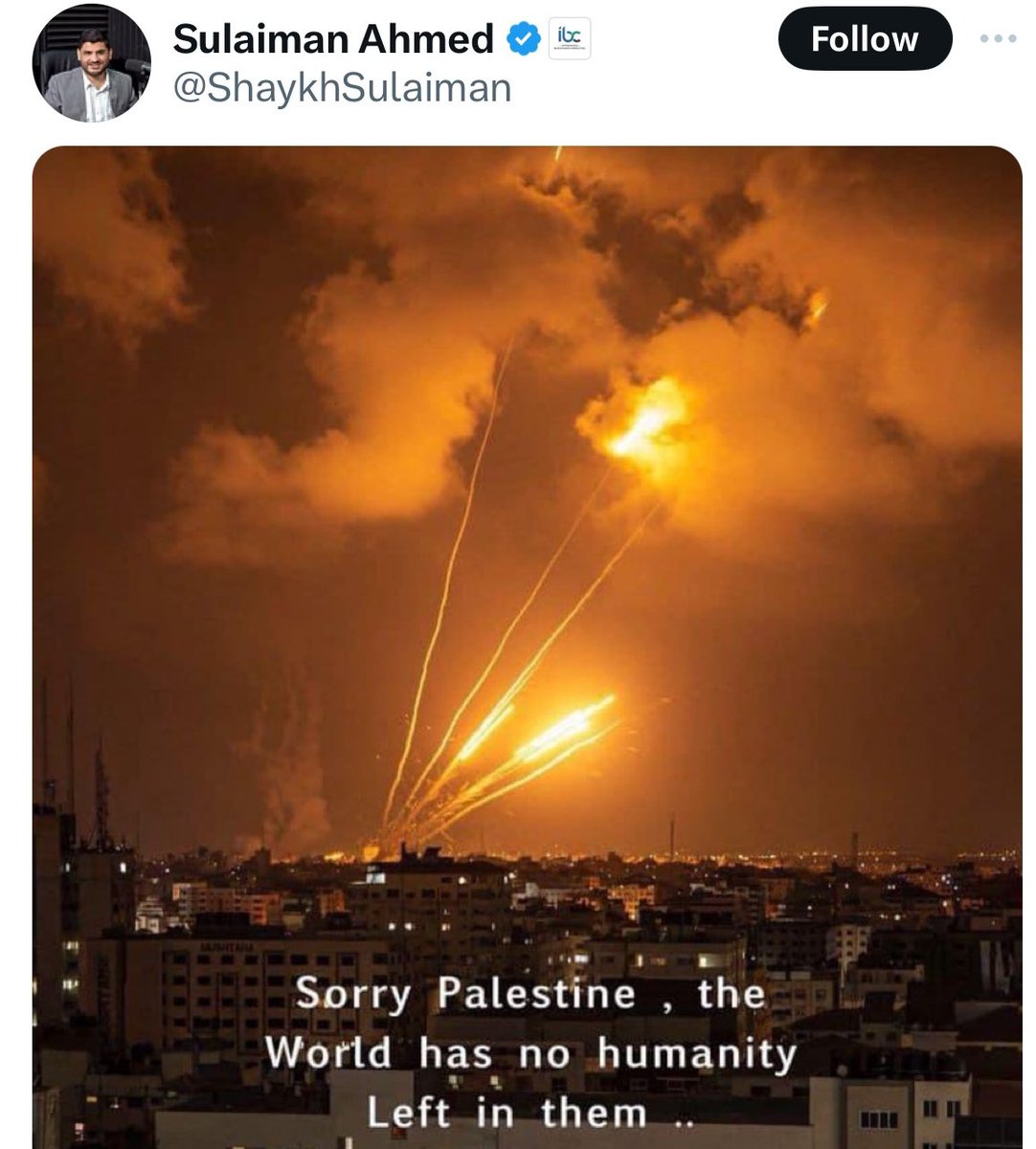 LMAO 🤣
Chief Jihadist here posts about the world's lack of humanity, using a photo showing Hamas firing tens of rockets at Israeli cities hoping to kill as many civilians as possible 🤡
_