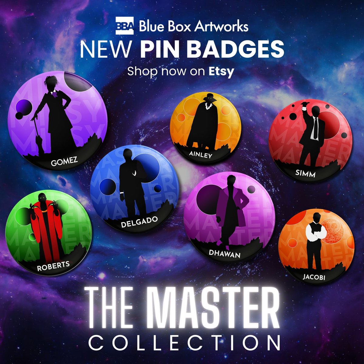 NEW BADGES! 🚨Dress for the occasion with 'The Master Collection' of #DoctorWho pin badges ✨

Pick your favourite or collect them all! 🚀 

Shop Here: blueboxartworksstore.etsy.com 

#DoctorWho #TheMaster #EtsyLaunch @sacha_dhawan #DrWho #EtsyShop