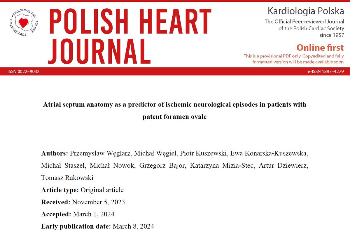 Polish Heart Journal (@heart_polish) on Twitter photo Editors' Insights: Atrial septum #anatomy as a predictor of ischemic neurological episodes in patients with #PFO.
tiny.pl/dmnnx #PolishHeartJournal
#CardioTwitter #HeartNews #Cardiology #CardioEd <a href="/adziewierz_MD/">Artur Dziewierz</a> <a href="/JagiellonskiUni/">Uniwersytet Jagielloński</a> <a href="/SumKatowice/">Śląski Uniwersytet Medyczny w Katowicach</a> Editors' Insights: Atrial septum #anatomy as a predictor of ischemic neurological episodes in patients with #PFO.
tiny.pl/dmnnx #PolishHeartJournal
#CardioTwitter #HeartNews #Cardiology #CardioEd <a href="/adziewierz_MD/">Artur Dziewierz</a> <a href="/JagiellonskiUni/">Uniwersytet Jagielloński</a> <a href="/SumKatowice/">Śląski Uniwersytet Medyczny w Katowicach</a>