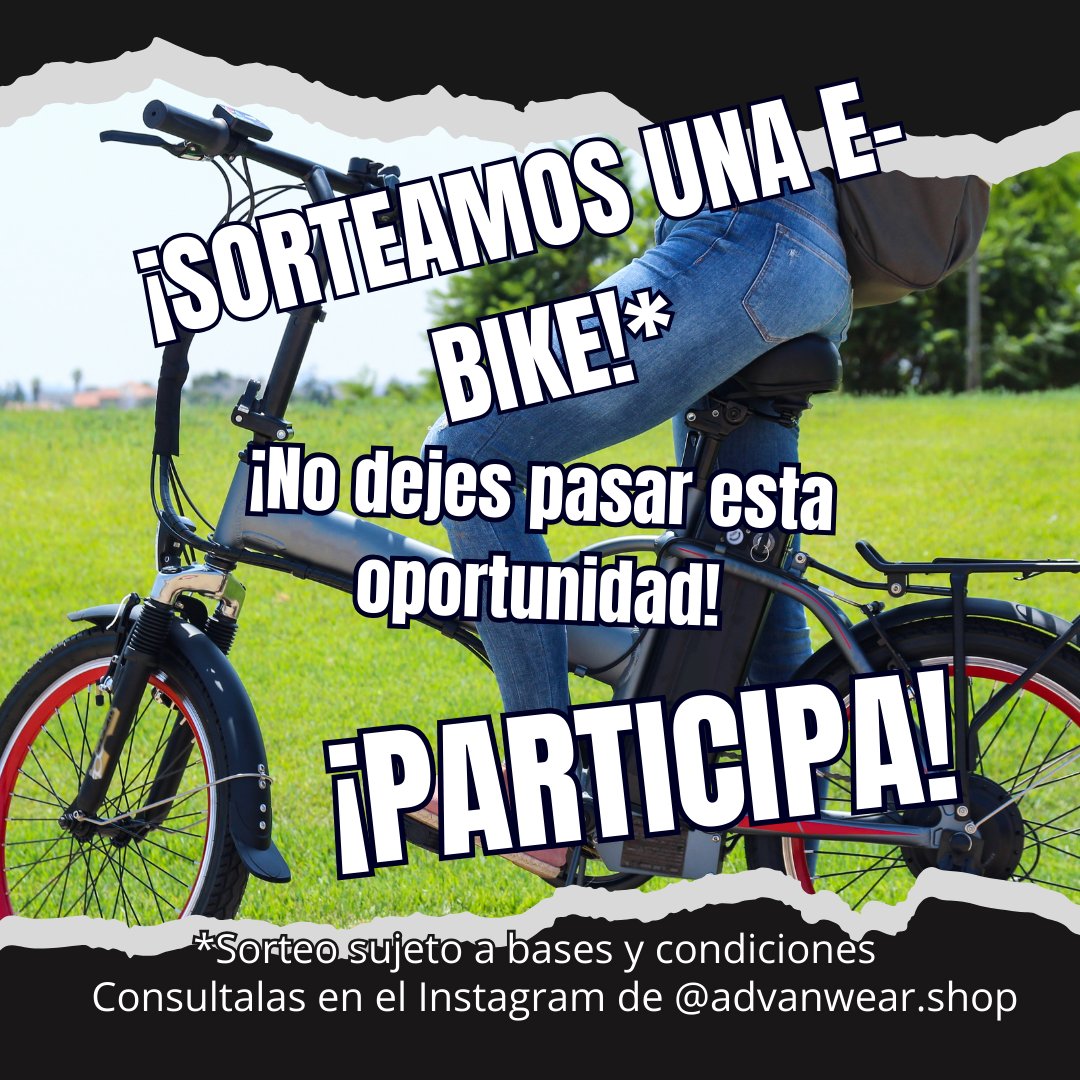 🚨¡SORTEAZO A LA VISTA! 🚨

¿Quieres una flamante E-bike?
¡A QUÉ ESPERAS!

¡PARTICIPA!

➡️Sigue la cuenta de Instagram de @advanwear.shop ✅
➡️Rt a esta publicación ✅ 

📢🚨BASES, CONDICIONES E INSCRIPCIÓN EN LA BIO DEL INSTA DE @advanwear.shop🚨📢