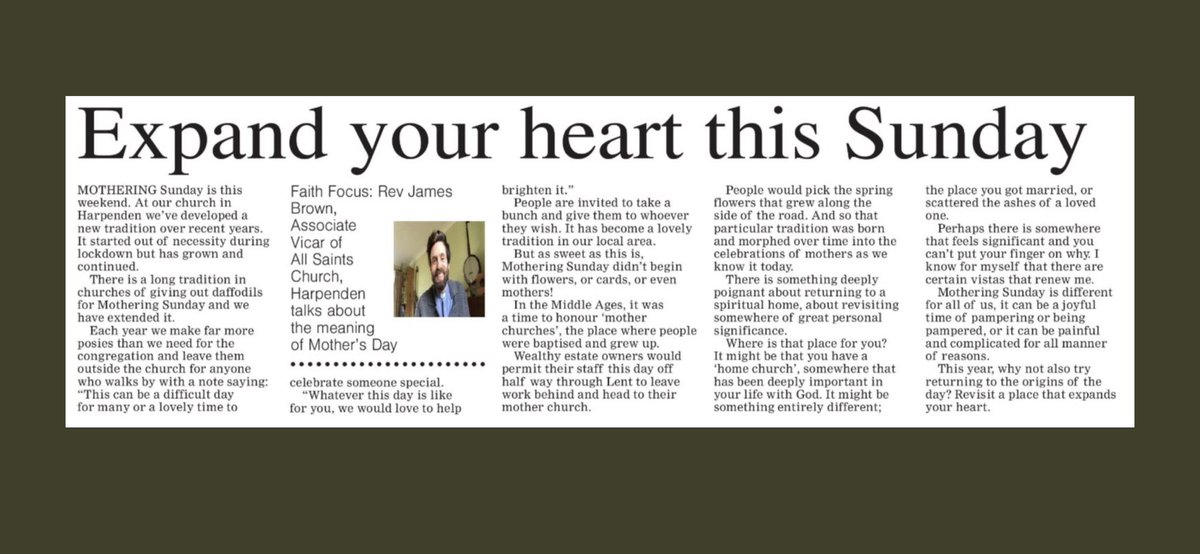 Revd @JamesChristieB writing about Mothering Sunday in this week’s @hertsad #harpenden #batford #motheringsunday #MothersDay