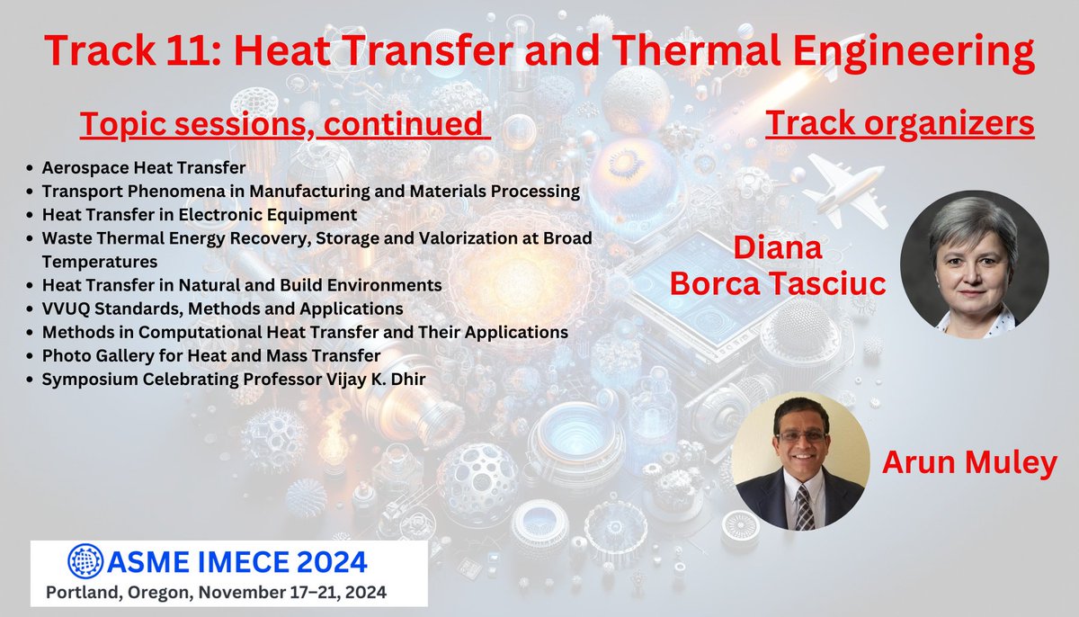 ASME #IMECE2024 Track 11 is heating up! Thanks to Diana from <a href="/RPIEng/">RPIEngineering</a> and Arun from <a href="/Boeing/">The Boeing Company</a> for leading this Track focused on Heat Transfer and Thermal Engineering. event.asme.org/IMECE