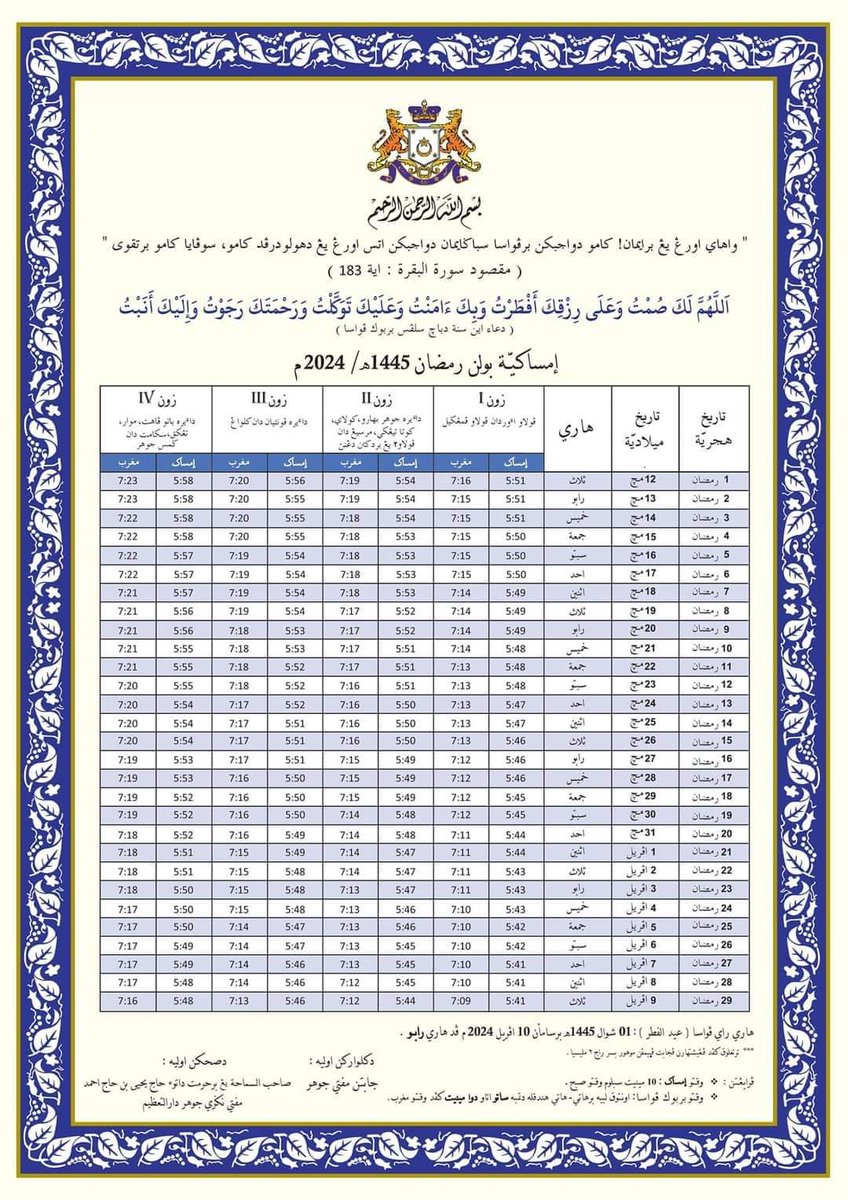 Untuk Warga Darul Takzim dan jajahan takluk Johor, boleh simpan buat rujukan sepanjang bulan Ramadhan. Semoga Bermanfaat.