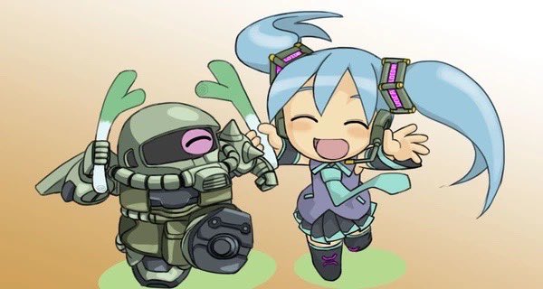 hatsune miku 1girl weapon gun chibi robot mecha twintails  illustration images