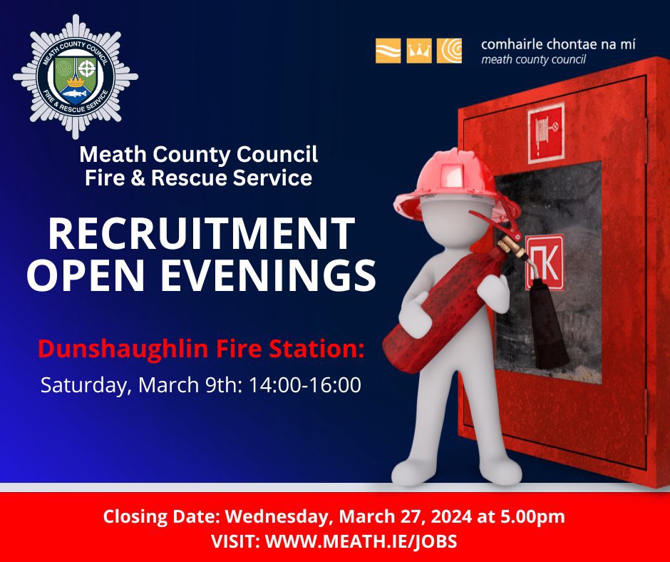 @MCCFireService Dunshaughlin Brigade are recruiting for retained firefighters. Would you be interested in joining our team in Dunshaughlin & becoming an important part of your local community? If so, there is an open day today at 14:00.l To apply visit meath.ie/jobs.