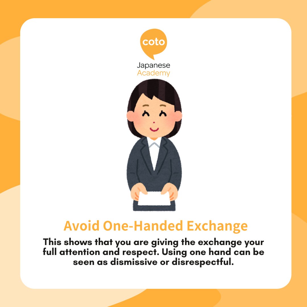 cotoacademy's tweet photo. For those working in Japan, do you know the customary way in exchanging your business card? 🪪
Be sure to pay attention to our blog for the right way! ✨
https://t.co/OChSuN2euw
#cotoacademy #japaneseculture #japanesecustom #meishi #workinginjapan #workinjapan #japanwork https://t.co/rGjgzrhj0k