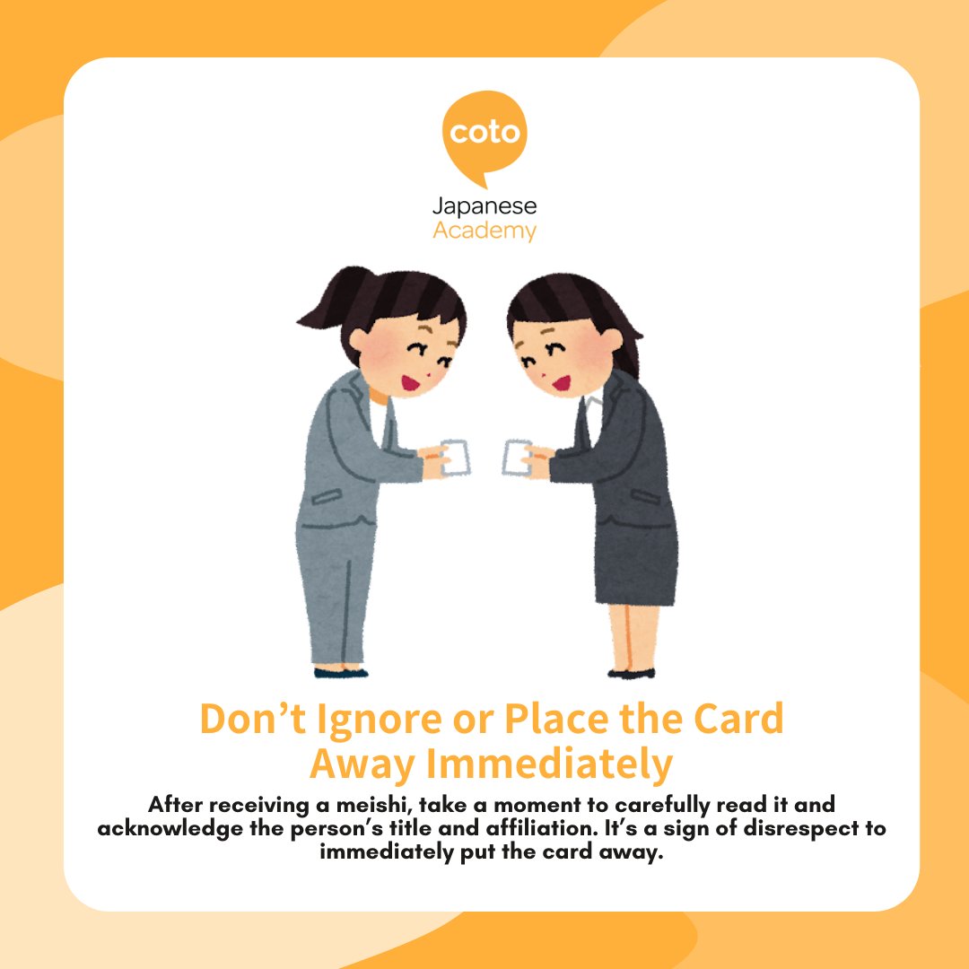 cotoacademy's tweet photo. For those working in Japan, do you know the customary way in exchanging your business card? 🪪
Be sure to pay attention to our blog for the right way! ✨
https://t.co/OChSuN2euw
#cotoacademy #japaneseculture #japanesecustom #meishi #workinginjapan #workinjapan #japanwork https://t.co/rGjgzrhj0k