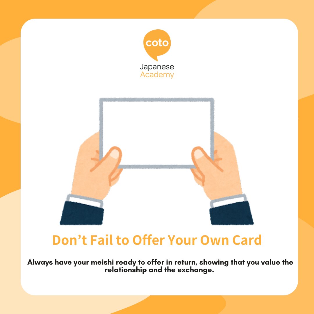 cotoacademy's tweet photo. For those working in Japan, do you know the customary way in exchanging your business card? 🪪
Be sure to pay attention to our blog for the right way! ✨
https://t.co/OChSuN2euw
#cotoacademy #japaneseculture #japanesecustom #meishi #workinginjapan #workinjapan #japanwork https://t.co/rGjgzrhj0k
