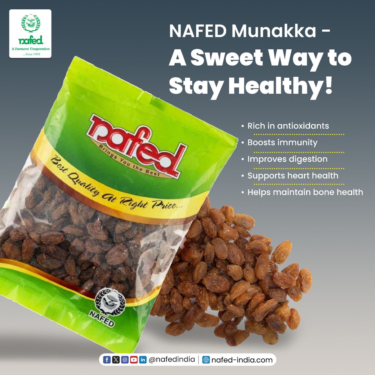 nafedindia's tweet photo. Sweeten your health journey with NAFED Munakka! Packed with antioxidants, it boosts your immunity, aids digestion, and supports a healthy heart.
#NAFED #NafedQuality #NAFEDMunakka #HealthyLiving #SweetHealth https://t.co/XQMLPYGPok
