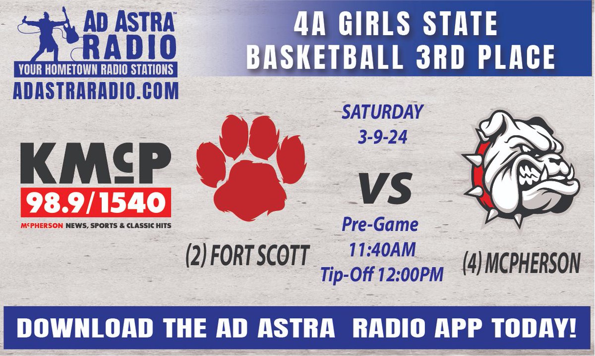 Noon tipoff today in Salina! Thank you to <a href="/LaneGillPxP/">Lane Gillespie</a> for his calls all year on KMCP &amp; <a href="/AdAstraRadio/">AdAstraRadio</a>. McPherson High School, our community, alums, friends &amp; families from far and wide appreciate all that you do! <a href="/MHSBullpups/">McPherson HS</a> #bullpupnation
