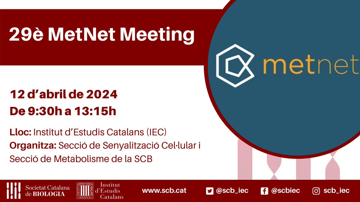 SCB_iec's tweet photo. Ep! Tenim una nova trobada #MetNet a punt!! Arriba el 29è MetNet meeting👏🤩
📢29è MetNet
🗓12 d'abril del 2024
⏰De 9:30h a 13:15h
📍Institut d'Estudis Catalans (IEC)
🔗https://t.co/O3uaNH0Acb
Inscripcions obertes a la pàgina web de la #SCB https://t.co/PJe722N6lY