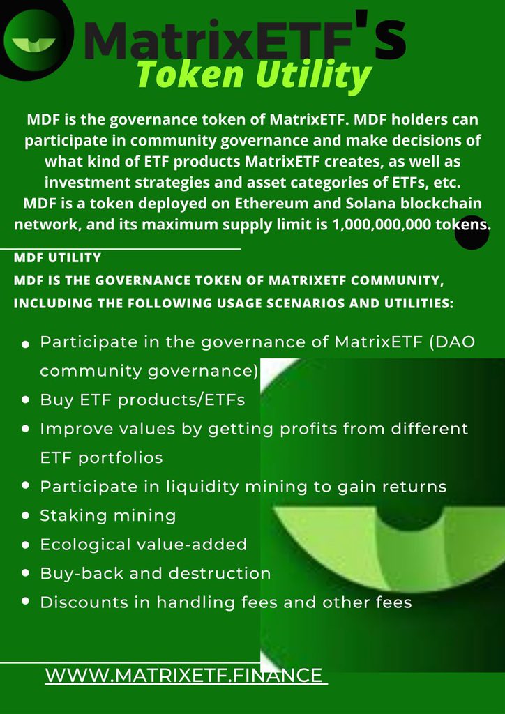 favour44929's tweet image. MatrixETF has so many utilities and you can never run out of options if you invest in it.
This infographic shows how pleasingly unimaginable the utilities of MatrixETF&apos;s $MDF are.
Investing in MatrixETF today is securing your future!
$MDF #matrixETF  #Solana #ETH 
#cryptocurrency