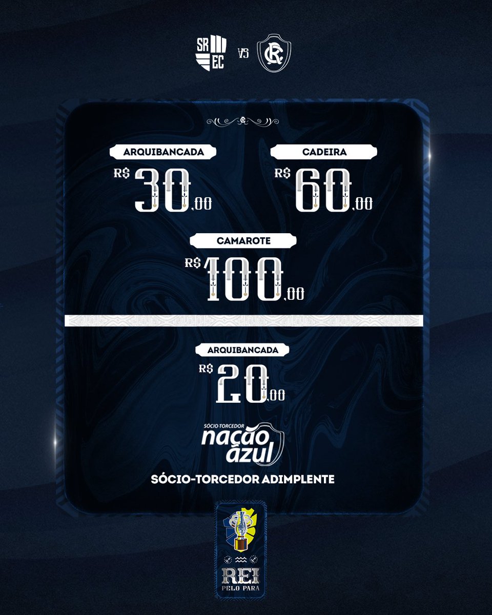 ClubeDoRemo's tweet photo. Os ingressos para Santa Rosa x Clube do Remo, pelas Quartas de Final do Parazão Banpará 2024, estão disponíveis. 

A partida é neste domingo (10), às 16h30, no Banpará Baenão.

💰 Valores:
🎟️ Arquibancada R$ 30
Cadeira R$ 60 
e Camarote R$ 100

🪪 Sócio-torcedor adimplente arquibancada R$ 20

🛍️ Vendas:
À venda nas lojas Rei da Amazônia, lojas do Remo e https://t.co/lUZYwUFvr3

#OReiDaAmazônia #BanParazão2024 #OReiPeloPará #SRExREM