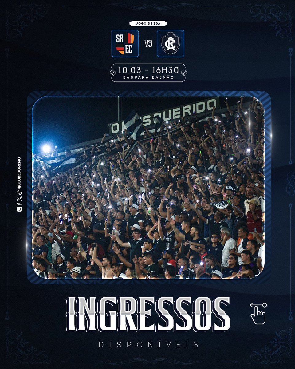 ClubeDoRemo's tweet photo. Os ingressos para Santa Rosa x Clube do Remo, pelas Quartas de Final do Parazão Banpará 2024, estão disponíveis. 

A partida é neste domingo (10), às 16h30, no Banpará Baenão.

💰 Valores:
🎟️ Arquibancada R$ 30
Cadeira R$ 60 
e Camarote R$ 100

🪪 Sócio-torcedor adimplente arquibancada R$ 20

🛍️ Vendas:
À venda nas lojas Rei da Amazônia, lojas do Remo e https://t.co/lUZYwUFvr3

#OReiDaAmazônia #BanParazão2024 #OReiPeloPará #SRExREM