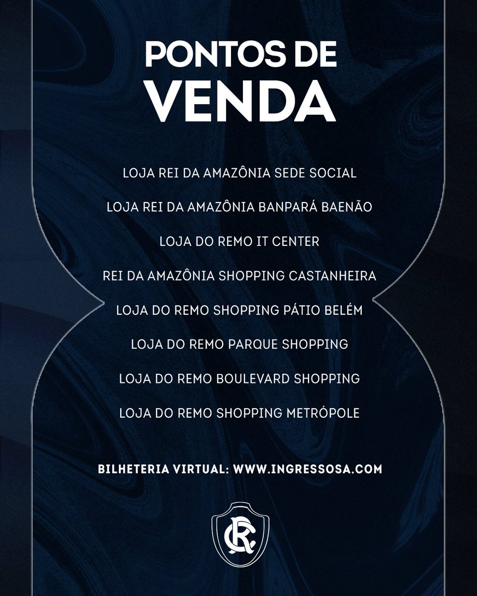 ClubeDoRemo's tweet photo. Os ingressos para Santa Rosa x Clube do Remo, pelas Quartas de Final do Parazão Banpará 2024, estão disponíveis. 

A partida é neste domingo (10), às 16h30, no Banpará Baenão.

💰 Valores:
🎟️ Arquibancada R$ 30
Cadeira R$ 60 
e Camarote R$ 100

🪪 Sócio-torcedor adimplente arquibancada R$ 20

🛍️ Vendas:
À venda nas lojas Rei da Amazônia, lojas do Remo e https://t.co/lUZYwUFvr3

#OReiDaAmazônia #BanParazão2024 #OReiPeloPará #SRExREM