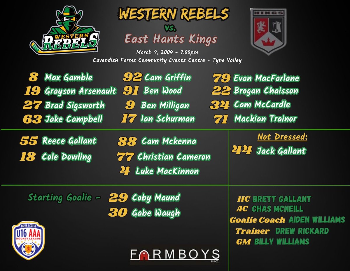 U16Rebels's tweet photo. 🏒Gameday! 🥅 - Brought to you by Backwoods Burger🍔🍟

📍- Cavendish Farms Community Events Centre - Tyne Valley

⏰ - 7:00pm 

🆚 - East Hants Kings 👑

📺 - https://t.co/FFF9hKm9cc

#SaddleUp 🟢🟡 https://t.co/AkbAdKXlzv