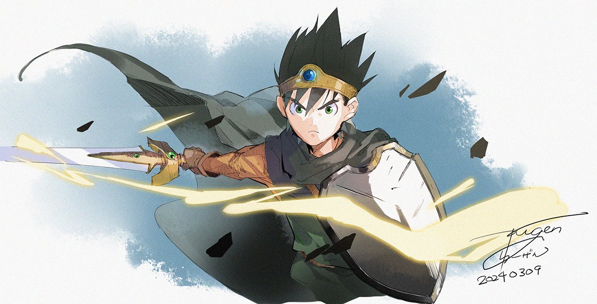 1boy weapon male focus sword solo black hair shield  illustration images