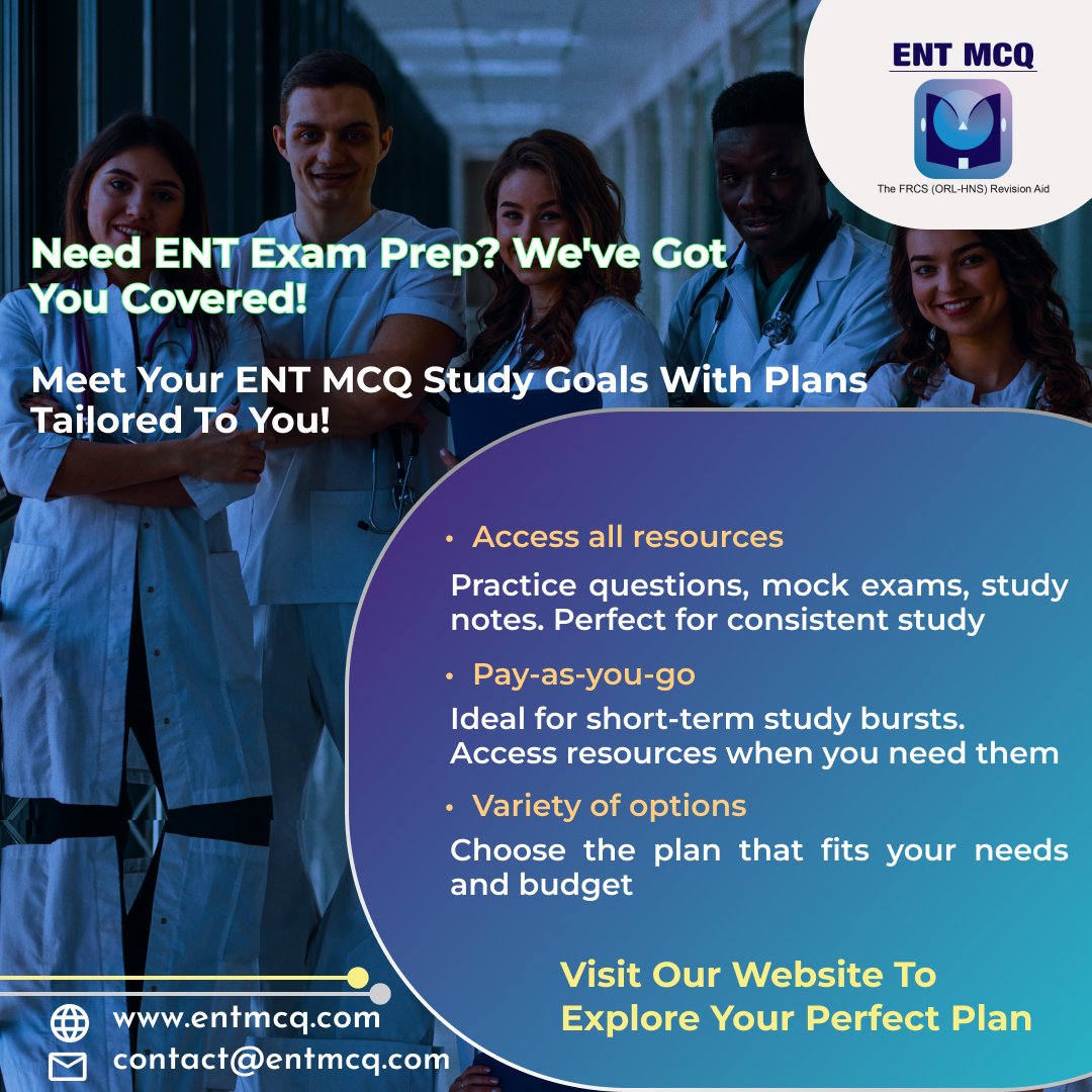 At ENT MCQ, we understand that everyone has different needs and budgets. 

𝐂𝐨𝐧𝐭𝐚𝐜𝐭 𝐮𝐬 𝐨𝐧 support@entmcq.com and visit us on entmcq.com

#ent #entsurgeon #entresident #otomatch #surgery #juniordoctor  #nhs #mcq #OtoPrep #ENTExam #ENTResidents #MedEd #orl