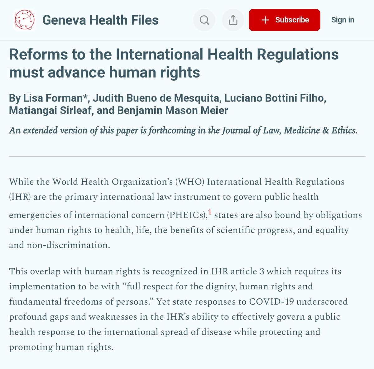 In a guest essay @FilesGeneva we argue that current reforms of the International Health Regulations must go further to protect human rights. We urge negotiators to correct course now for the future of @WHO #publichealth #GlobalHealth + pandemic responses genevahealthfiles.substack.com/p/wto-waiver-m…