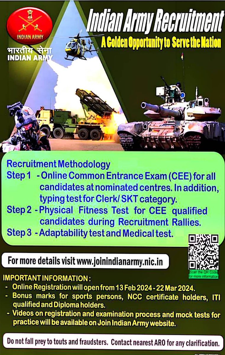 #Indianarmyrecruitment Be an #Agniveer and hold #NationFirst. Golden opportunity for our NCC Cadets to register till 22 March. Bonus marks for Certificate holders give deserving edge to our youth in all categories. @HQ_DG_NCC @gpsingh3para @PIBKolkata @ProDefKolkata