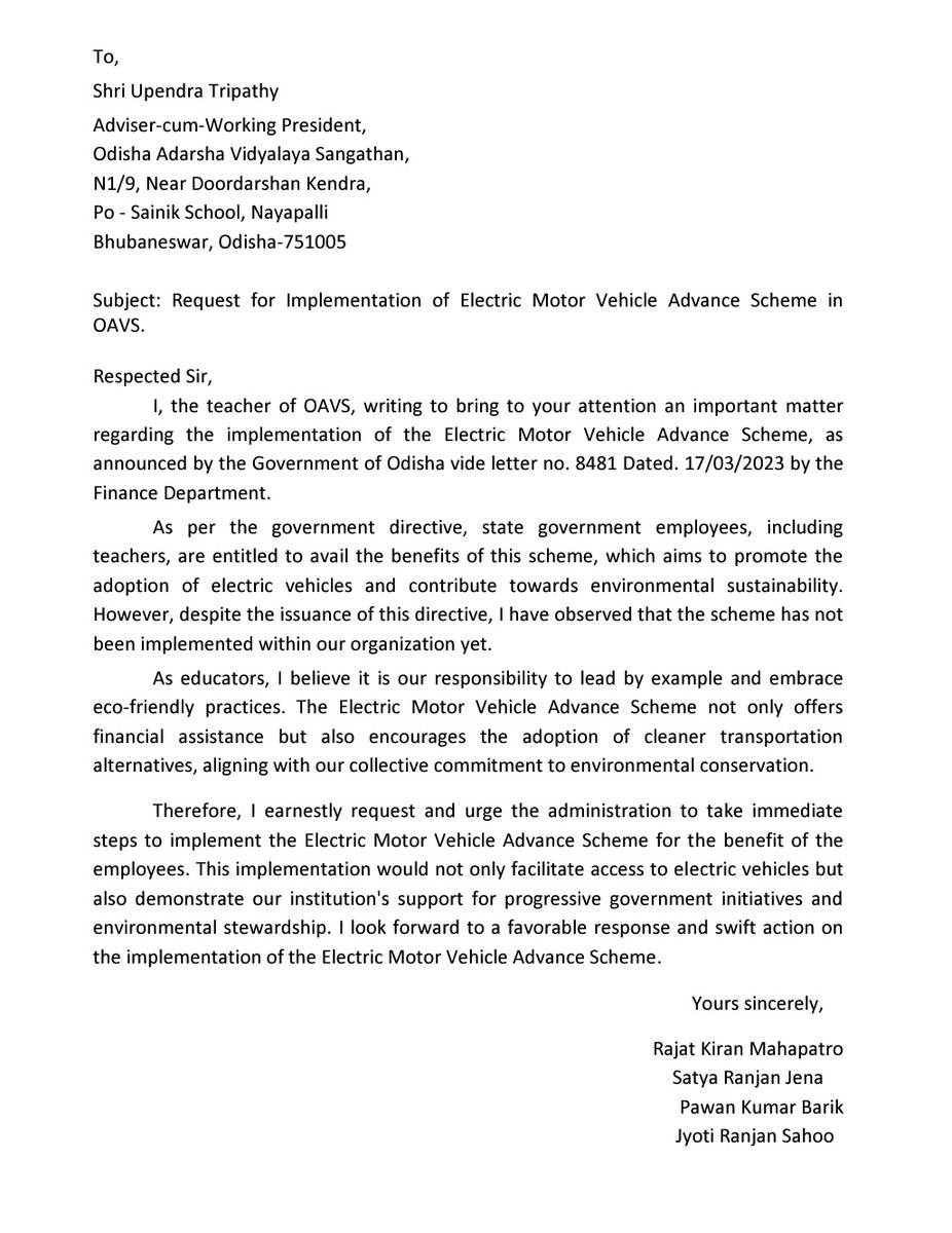SatyaR622469's tweet photo. Hon'ble @upendratripathy sir🙏🏼, I the teacher of OAVS request you to look into our matter regarding implementation of Electronic vehicle scheme 8481/F Dt17.03.2023 https://t.co/id12XsVo7k