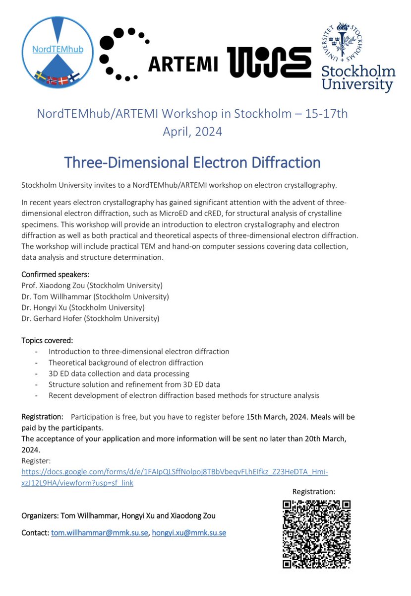 We are going to organise a NordTEMHub/ARTEMI workshop on Three-Dimensional Electron Diffraction/MicroED, 15-17 April, at Stockholm University. 3D ED/MicroED applications in both small molecules and macromolecules will be covered.