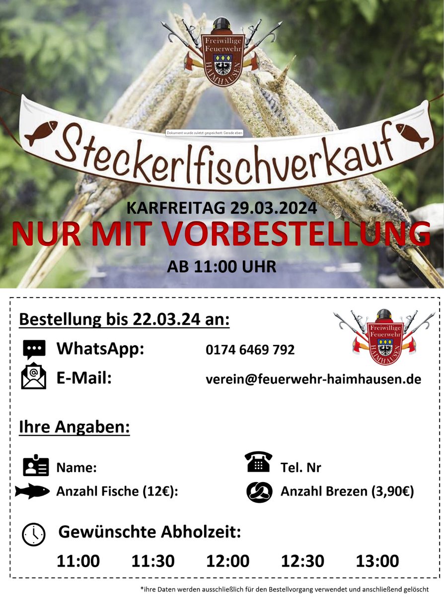 ••• Steckerlfischgrillen 2024•••
Dieses Jahr wieder einen Steckerlfischgrillen am Karfreitag
Nur mit Vorbestellungen per WhatsApp ☎️