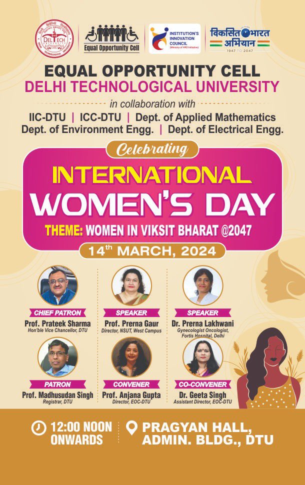 DELHI TECHNOLOGICAL UNIVERSITY Celebrating INTERNATIONAL WOMEN'S DAY THEME: WOMEN IN VIKSIT BHARAT 02047 14* MARCH, 2024