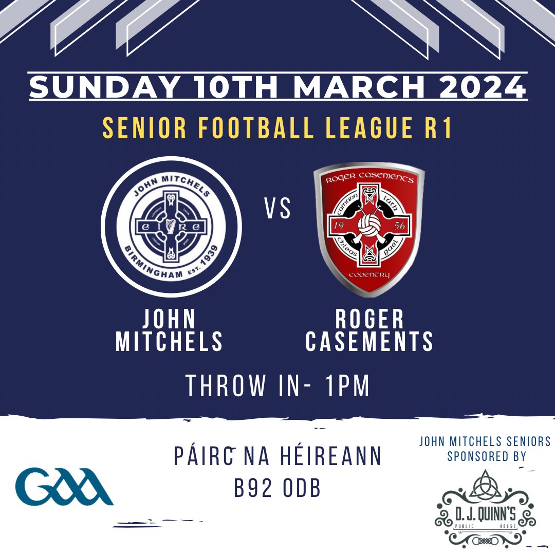 ⚪️🔵 Seniors Fixture ⚪️🔵 The men’s senior team returns to action this Sunday to kick start the new season, facing off against @CasementsGAA in round 1 of the league campaign Throw in 1pm ⚪️🔵Get out & support the lads as they look to start the season of in winning ways! ⚪️🔵