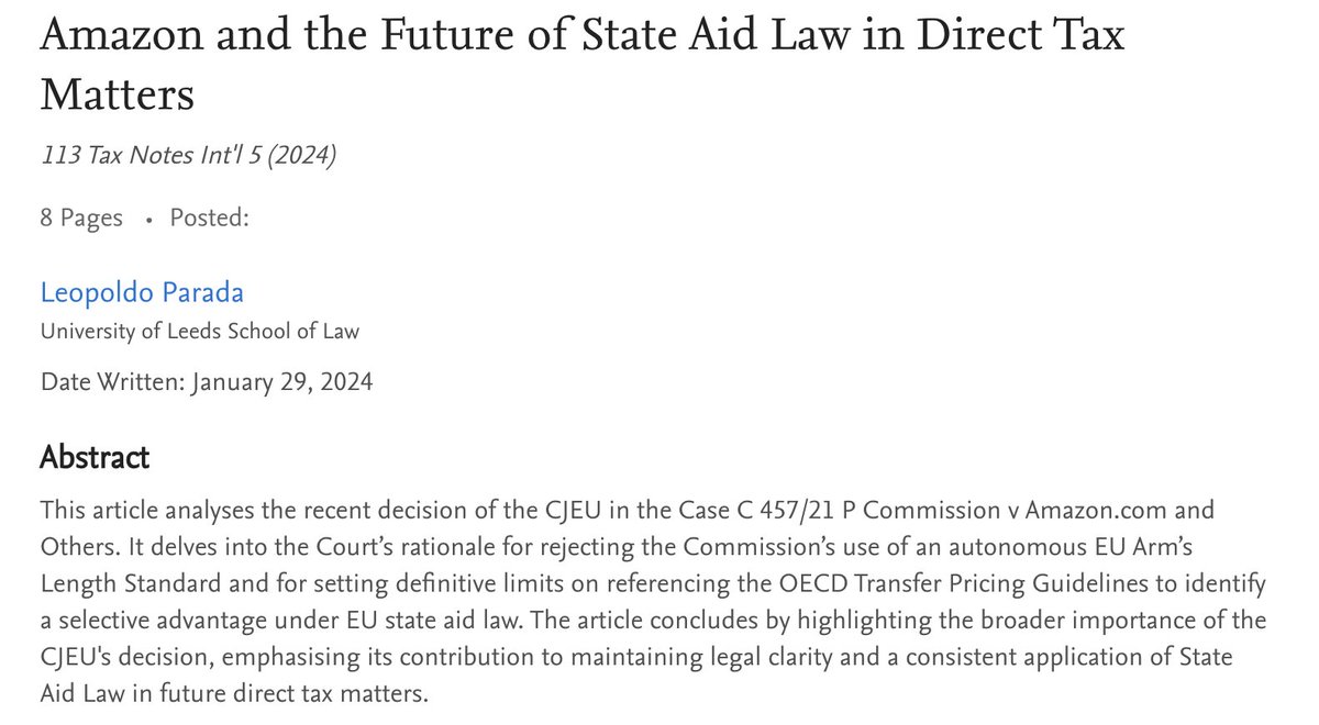 My paper: 'Amazon and the Future of State Aid Law in Direct Tax Matters' (@TaxNotes), which analyses the CJEU decision in C457/21 P Commission v Amazon, is now available on @SSRN 🥸 | Read it here: papers.ssrn.com/sol3/papers.cf… @CBLP_Leeds @Law_Leeds