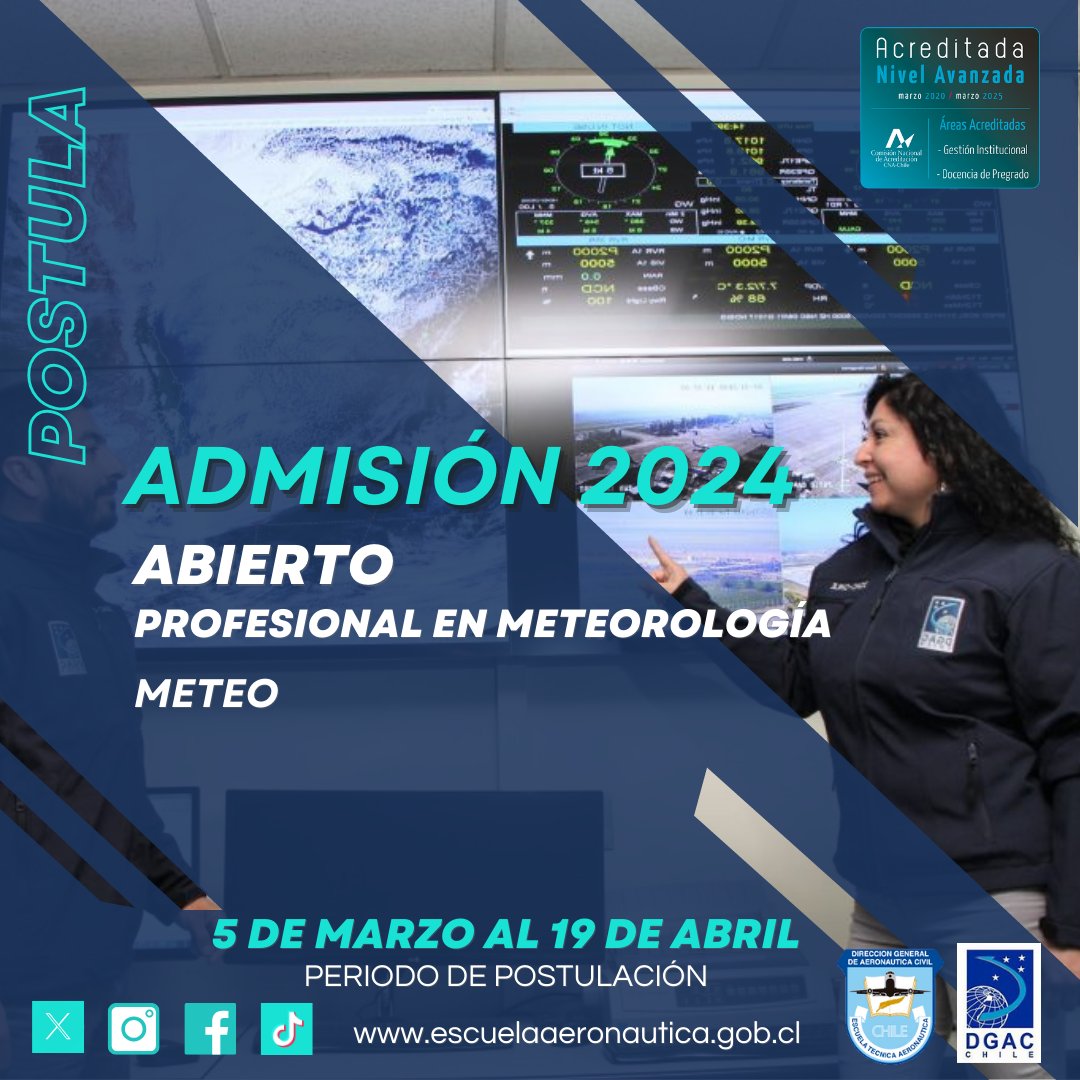 Esc_Aeronautica's tweet photo. Proceso de Admisión abierto, hasta el 19 de abril podrás realizar tu postulación a METEO, SSEI y TECMET, y desde el 11 de marzo a la carrera CTA de forma online a través, de nuestro sitio web.
#PostulaciónETA #Meteorología #TECMET #SSEI #METEO #CTA #ATC @meteochile @dgacchile https://t.co/VKEibHYOMl