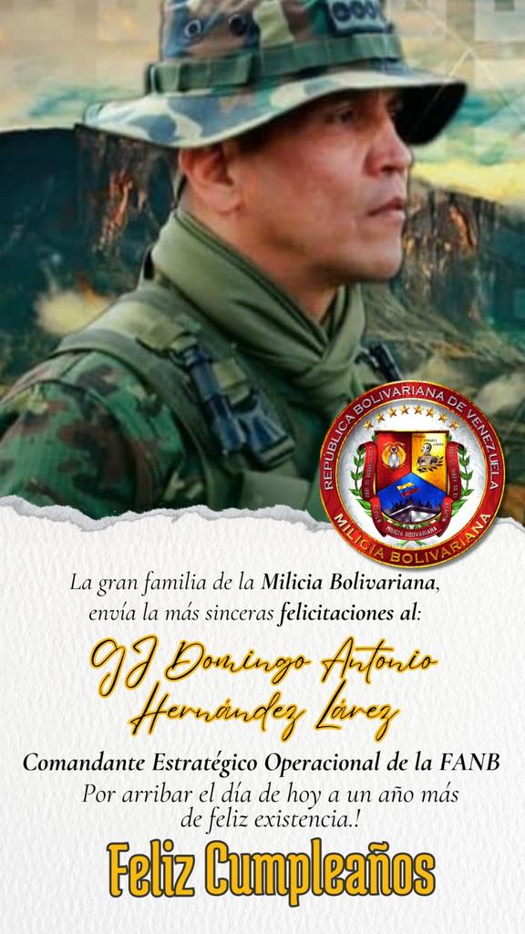 Milicia_ve's tweet photo. La gran familia @Milicia_B1 se complace en felicitar efusivamente a nuestro GJ @dhernandezlarez, Comandante Estratégico Operacional de la #FANB, por cumplirse el día de hoy un año más de feliz existencia. https://t.co/Sq7vex81V4
