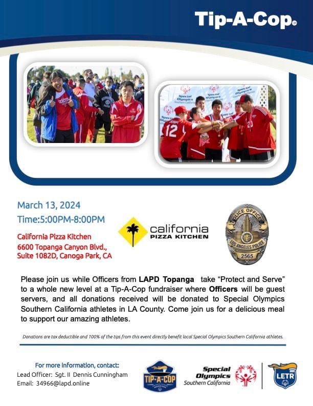 A meal with a purpose at #TipACop! Join @LAPDTopanga Wednesday from 5:00 pm to 8:00 pm. Your support helps fuel Special Olympics programs. Let's dine together for a great cause! 🍽️👮

@letr4sosc