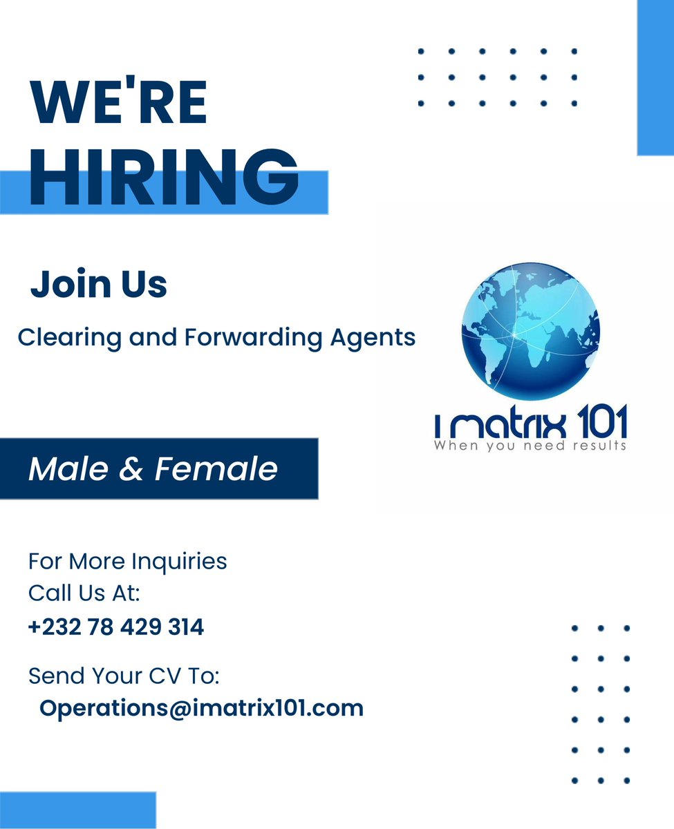 logistic_ships's tweet image. Join us today !
Are you looking to work in logistics in Sierra Leone?
We are looking for competent people who can take up the role of Clearing and Forwarding Agents !
Please go to our website to find out more about what we do .. imatrix101.com