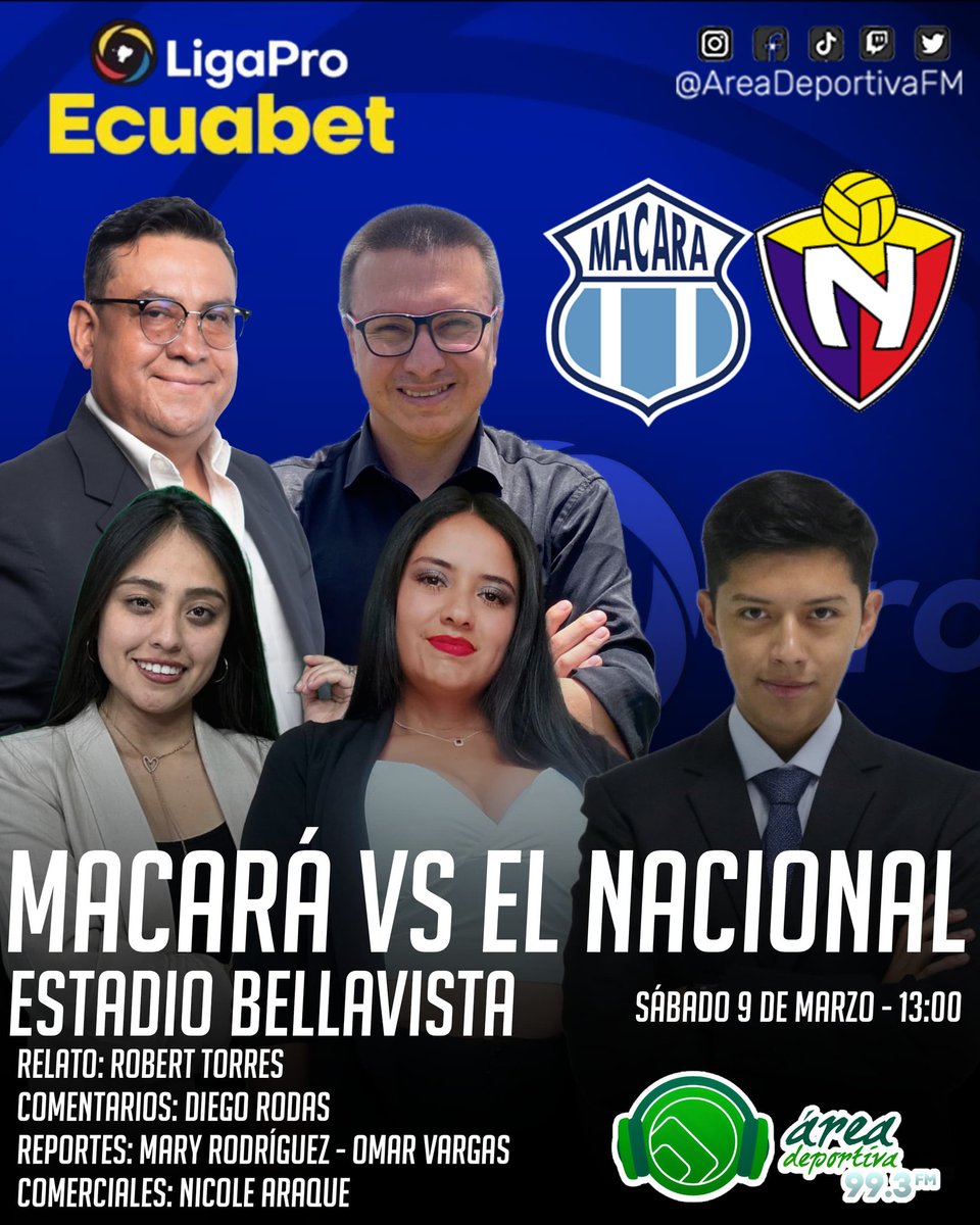 AreaDeportivaFM's tweet photo. .@LigaProEC 🏆 | 1' ⏰ ¡Inició el partido! ⚽
@Macara_Oficial 🆚 @elnacionalec
Relata: @RTorresDeportes
Comenta: @ElgatoRodas
Reportes: #MaryRodriguez & #OmarVargas
Comerciales: #NicoleAraque
📻 ¡Lo vives por Área Deportiva 99.3 FM! 🟢 https://t.co/o8u2T9KCHw
