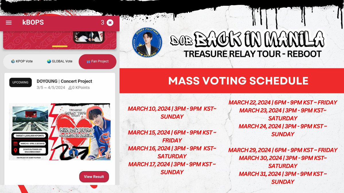 Teumes! Dobbies!

Let's do mass voting and collecting, starting tomorrow and on these dates👇

👉daily attendance for 20 kpoints
👉watch ads for 3 kpoints x 25 ads per account
👉drop kpoint on the kbop app fan project

🙏 please help us secure this MOA ad for Doyoung