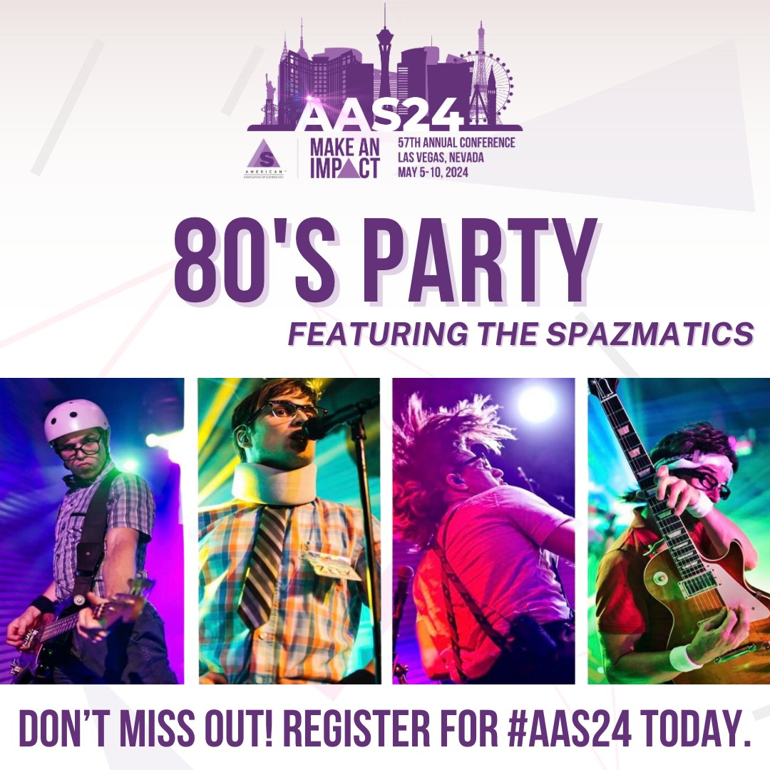 We are excited to announce the 80's Party featuring @thespazmatics on the penultimate day of the #AAS24 conference! Register today: aas24.eventscribe.net #AAS #AAS24 #AASMakeAnImpact #suicide #suicideprevention #mentalhealth #crisis