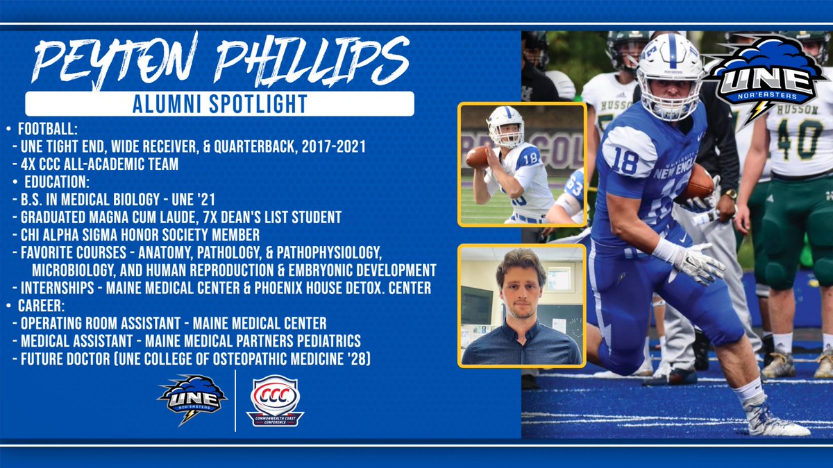 Next up in our spotlight is Peyton Phillips, a man of many positions. An accomplished student who spent the past few years working in the Operating Room at @MaineMed, he'll begin Medical School in just a few months. The former Sniffer TE is a future Pediatrician 🌩️🏈 #STG