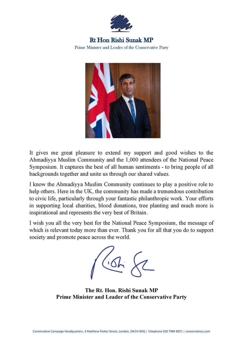 AhmadiyyaUK's tweet photo. Message of support from The Rt. Hon. @RishiSunak MP, Prime Minister of the United Kingdom on the occasion of National Peace Symposium 2024 of Ahmadiyya Muslim Community. We greatly appreciate your best wishes @10DowningStreet. Thank you.
#VoicesForPeace
#PeaceSymposiumUK https://t.co/4mf3ljkKOm